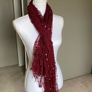 Mixed media burgandy scarf, sequins and different threads and fabrics